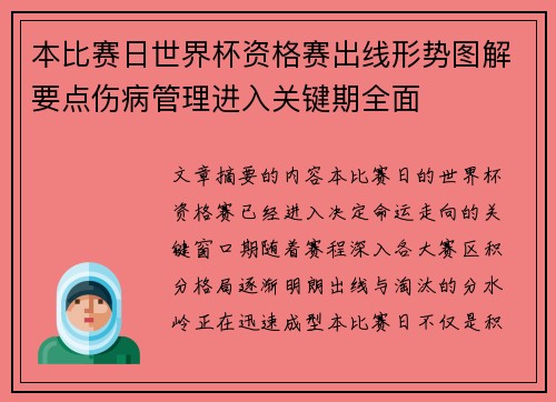 本比赛日世界杯资格赛出线形势图解要点伤病管理进入关键期全面 本比赛日世界杯资格赛出线形势图解要点伤病管理进入关键期全面