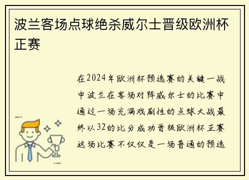 波兰客场点球绝杀威尔士晋级欧洲杯正赛